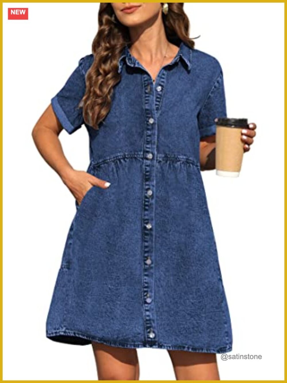 Denim Dress with Pockets Short Sleeve Button Down A-Line Mini Jean Dress